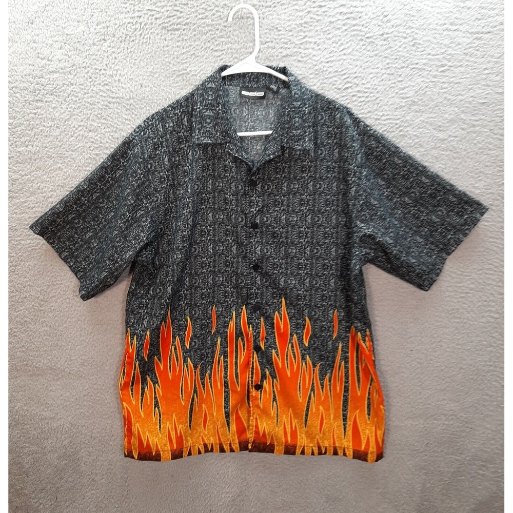 Vintage ODO Shirt Adult Large Black Orange Flames Biker Rockabilly 1990s‎ Y2K